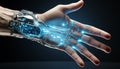 Futuristic robotic arm touching human finger, glowing blue, communicating technology generated by AI