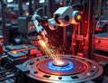 Futuristic robotic arm works in high-tech manufacturing process. Precision assembly line operation with sparks flying. Advanced