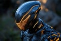 Futuristic robotic armor suit with glowing details in the dark, showcasing advanced technology and sci-fi design Royalty Free Stock Photo