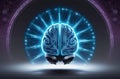 A futuristic robotic brain with glowing blue circuitry radiates in a mesmerizing pattern, surrounded by swirling data symbols