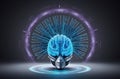 A futuristic robotic brain with glowing blue circuitry radiates in a mesmerizing pattern, surrounded by swirling data symbols