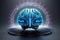 A futuristic robotic brain with glowing blue circuitry radiates in a mesmerizing pattern, surrounded by swirling data symbols