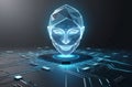 Futuristic robotic brain with glowing blue circuitry radiates in a mesmerizing pattern, surrounded by swirling data symbols