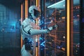Futuristic robotic in data center with digital interface and cybernetic control panel.
