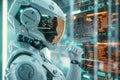 Futuristic robotic in data center with digital interface and cybernetic control panel. Global