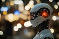 Futuristic robotic figure with illuminated features in a modern setting at nighttime Royalty Free Stock Photo