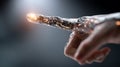 Futuristic robotic finger with glowing circuits representing technological advancement and human augmentation in dark background Royalty Free Stock Photo