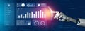 Futuristic Robot Finger Touching Data Visualization Chart on Interactive Digital Screen Impute Royalty Free Stock Photo