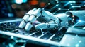 A futuristic robotic hand delicately types on a laptop keyboard, showcasing advanced artificial intelligence technology Royalty Free Stock Photo