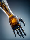 Futuristic robotic hand with glowing circuitry and digital interface design Royalty Free Stock Photo