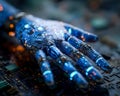 Futuristic robotic hand with glowing circuits on a technology circuit board Royalty Free Stock Photo