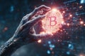 Futuristic robotic hand grasping glowing Bitcoin symbol, surrounded by digital particles and light trails, representing Royalty Free Stock Photo