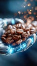 Futuristic robotic hand holding roasted coffee beans under glowing blue lights Royalty Free Stock Photo