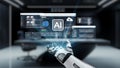 Futuristic robotic hand interacting with advanced AI interface displaying data analytics and digital information in high Royalty Free Stock Photo
