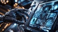 Futuristic robotic hand interacting with advanced digital interface in high-tech environment for innovative technology