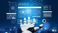 Futuristic Robotic Hand Interacting with AI Data Visualization on Screen Displaying Charts and Graphs in Digital Royalty Free Stock Photo