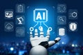 Futuristic Robotic Hand Interacting with AI Technology and Digital Icons Representing Automation, Data Analysis, and Royalty Free Stock Photo