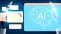 Futuristic robotic hand interacting with artificial intelligence data interface showcasing brain network visualization Royalty Free Stock Photo