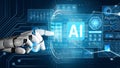 A robotic hand delicately interacts with a high-tech AI interface, showcasing cutting-edge technology and data Royalty Free Stock Photo