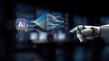 Futuristic robotic hand interacting with artificial intelligence interface showcasing data flow and technology Royalty Free Stock Photo