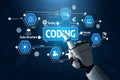 Futuristic Robotic Hand Interacting with Coding Interface Featuring Data Structure, Testing, Process, and Technology Royalty Free Stock Photo