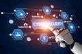 Futuristic Robotic Hand Interacting with Cyber Security Interface Featuring Icons of Protection, Detection, and Identity Royalty Free Stock Photo