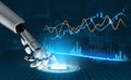 Futuristic robotic hand interacting with data analytics interface and digital graphs, showcasing technology and Royalty Free Stock Photo