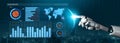 Futuristic robotic hand interacting with data dashboard visualizing analytics and global information in a digital Royalty Free Stock Photo
