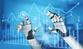 Futuristic robotic hand interacting with data visualization and analytics on a digital screen, representing artificial Royalty Free Stock Photo