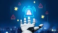 Futuristic robotic hand interacting with digital alert icons in a high-tech environment showcasing security and system Royalty Free Stock Photo