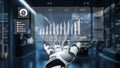Futuristic Robotic Hand Interacting with Digital Analytics Dashboard in Modern Workspace Environment. Auvana Royalty Free Stock Photo