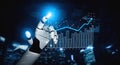 Futuristic robotic hand interacting with digital analytics data and graphs showcasing financial growth in a tech-driven Royalty Free Stock Photo