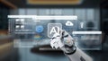 Futuristic Robotic Hand Interacting with Digital Data and AI Interface in Modern Office Environment. Auvana Royalty Free Stock Photo