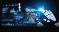 Futuristic robotic hand interacting with digital data and analytics on a glowing interface showcasing graphs, charts Royalty Free Stock Photo