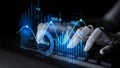 Futuristic robotic hand interacting with digital data graph on keyboard showcasing advanced technology in finance Royalty Free Stock Photo
