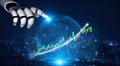 Futuristic robotic hand interacting with digital financial chart and virtual globe in a high-tech financial environment Royalty Free Stock Photo