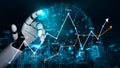 Futuristic robotic hand interacting with a digital globe, data visualizations, and upward trends in finance and Royalty Free Stock Photo