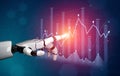 Futuristic robotic hand interacting with digital graphs, data analysis, financial trends, and artificial intelligence in Royalty Free Stock Photo