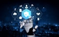 Futuristic robotic hand interacting with digital icons representing security, technology, data, and business connections Royalty Free Stock Photo