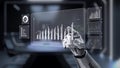 Futuristic robotic hand interacting with digital interface displaying various analytical graphs and data visualizations Royalty Free Stock Photo