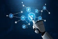 Futuristic Robotic Hand Interacting with Digital Interface Featuring Icons Representing Technology, Data, and Innovation Royalty Free Stock Photo