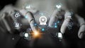 Futuristic robotic hand interacting with digital interface featuring icons of technology, analytics, certification Royalty Free Stock Photo