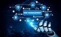 Futuristic robotic hand interacting with digital interface illustrating risk management and assessment concepts in a Royalty Free Stock Photo