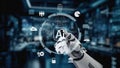 Futuristic robotic hand interacting with digital interface showcasing artificial intelligence symbols and data analytics Royalty Free Stock Photo