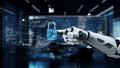 Futuristic Robotic Hand Interacting with Digital Lock Icon in High-Tech Cybersecurity Environment. Auvana Royalty Free Stock Photo