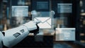 Futuristic robotic hand interacting with digital mail interface in a modern office environment, showcasing advanced Royalty Free Stock Photo