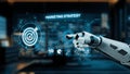 Futuristic robotic hand interacting with digital marketing strategy interface in a modern office setting featuring Royalty Free Stock Photo