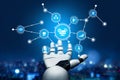 Futuristic robotic hand interacting with digital network icons and glowing data symbols representing technology Royalty Free Stock Photo