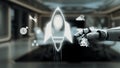 Futuristic robotic hand interacting with digital screens displaying rocket launch icons and analytics in a modern Royalty Free Stock Photo