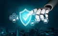 Futuristic Robotic Hand Interacting with Digital Security Icons and Checkmark Symbol Representing Technology and Data Royalty Free Stock Photo